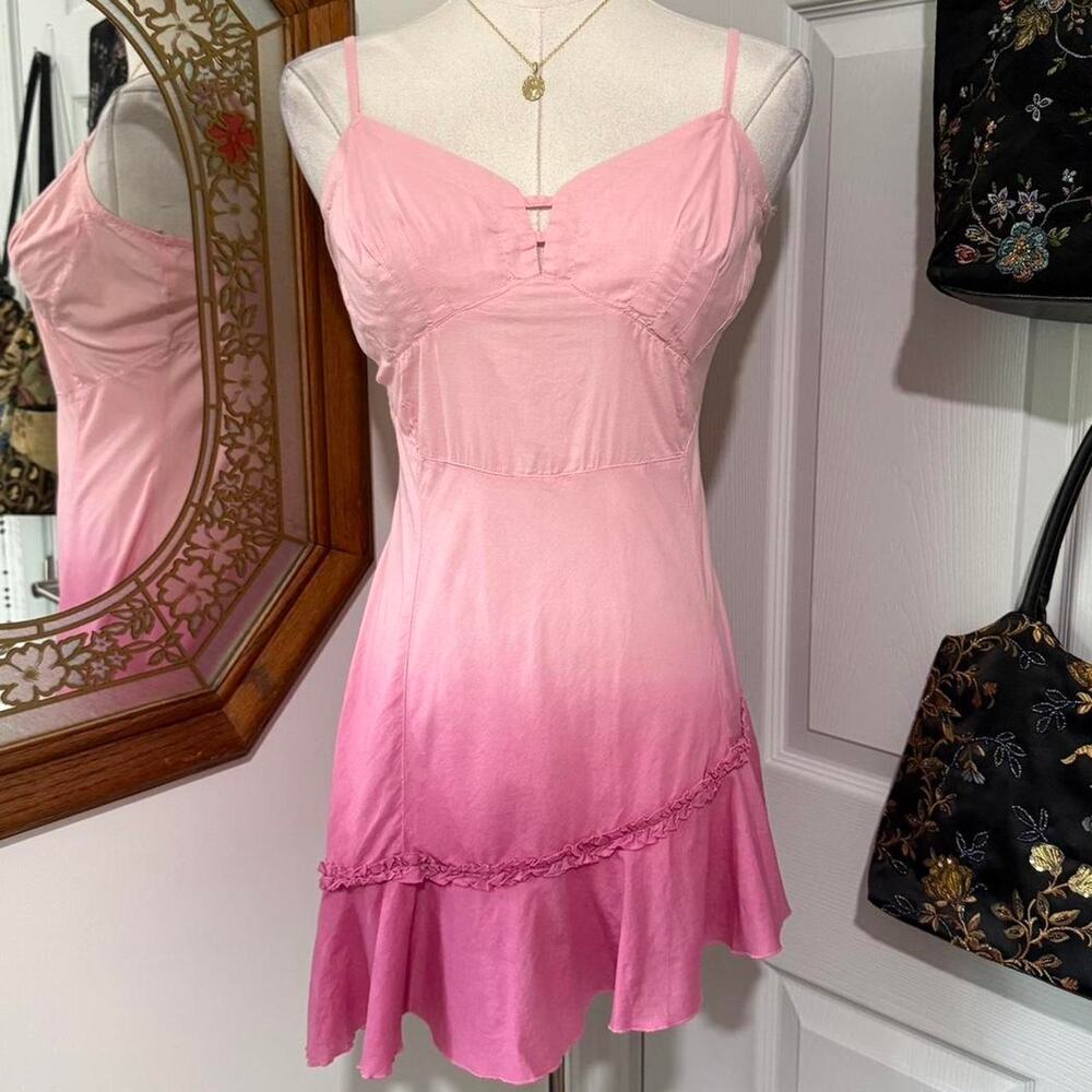 Y2K DKNY Jeans Pink Ombre 100% Cotton Asymmetrical Ruffle Hem Coquette Cami Top